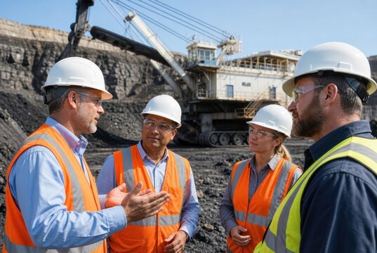 Professional team discussing safety protocols at modern coal mining operation with heavy machinery and industrial equipment