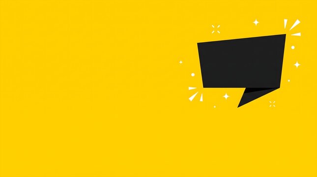 Yellow promotional background with black speech banner and white decorative accents