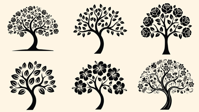 Decorative blooming flower trees black silhouette vector set