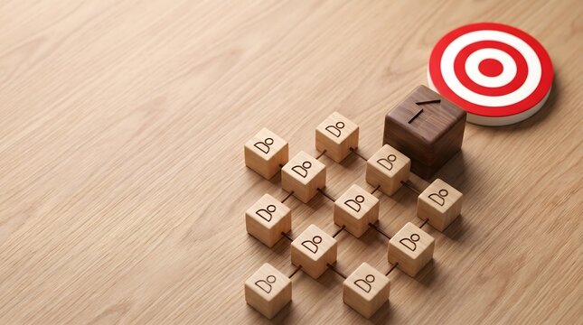 Wooden task network leading toward manager block and red business target on desk