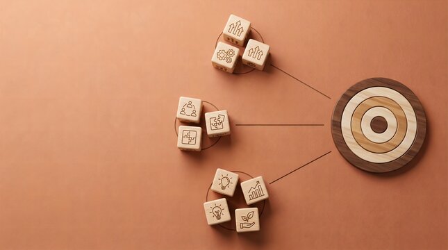 Wooden business concept groups connected toward a central target on terracotta background