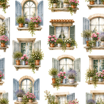 Watercolor Window sill with potted plants and flowers Seamless Pattern - Tileable Pattern Design for Botanical & Houseplants