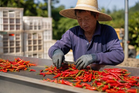 Senior farmer sorting vibrant red chili peppers on rustic metal tray in sunny outdoor market, authentic agricultural scene with protective gloves and straw hat