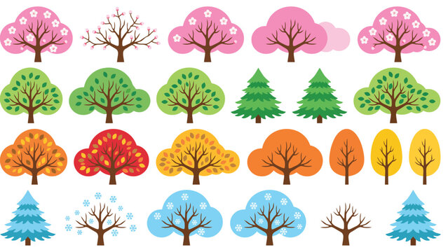 Four seasons trees vector icon set with spring blossom summer foliage autumn leaves and winter snow