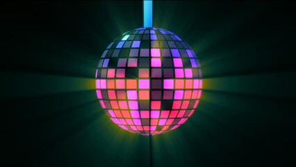 Obraz premium Shiny disco ball with glowing pink and purple square mirrors reflecting bright light in a dark club setting