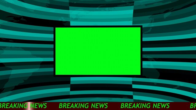 Green screen news broadcast frame with blue abstract background and breaking news ticker at the bottom