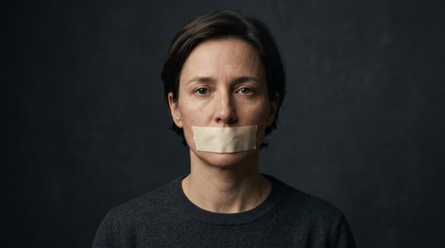 Studio portrait of a serious woman with mouth taped shut representing censorship and freedom of speech