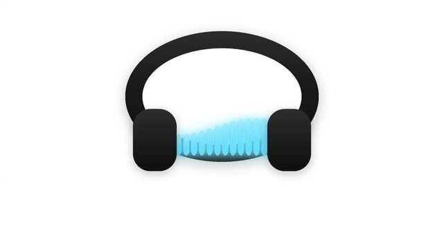 Minimalist headphones icons displaying fluctuating blue sound wave visualizations against a clean white background with animations pulsing rhythmically headphone icons