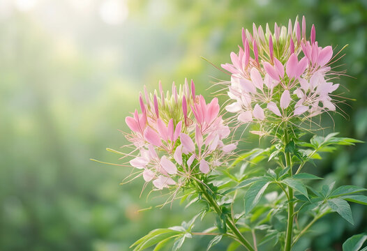 Nature and growth concept, pink cleome flowers blooming in a garden with soft sunlight and green background