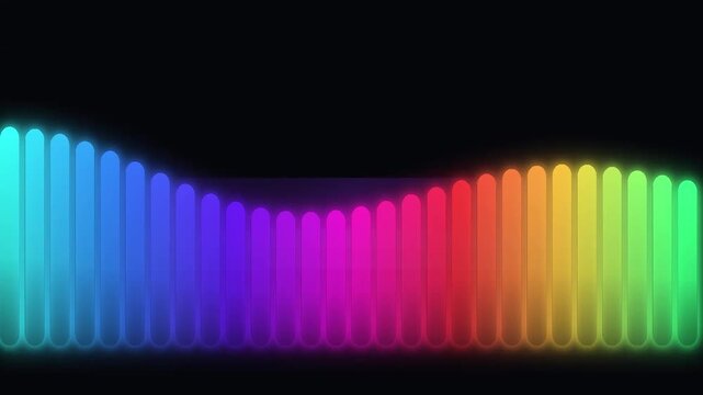 Abstract glowing rainbow sound wave equalizer bars moving rhythmically against a solid dark black background with displays series vertical vibrant rainbow gradient