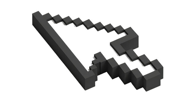 3d rendered dark pixelated computer mouse cursor pointer icon, outline style, isolated on transparent background