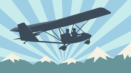 Graphic silhouette of a biplane flying over snowy mountains with a sunburst sky © siddiqa