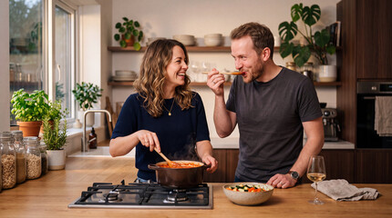 Fototapeta premium Couple cooking together in a modern kitchen