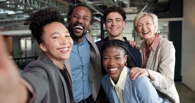 Face, people and business team with selfie for photography or capture moment together in office. Portrait, happy group or employees with smile for picture, memory or social media post in workplace