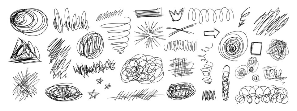 Chaotic pen sketches with tangled scribble lines and doodle circles vector illustration set. Ideal for school projects, handwritten journals, or adding messy artistic flair to creative designs.