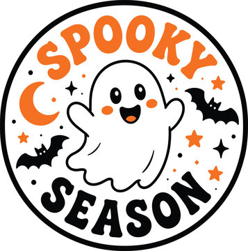Cute cartoon ghost with orange moon and bats in spooky season circle emblem for halloween decor.
