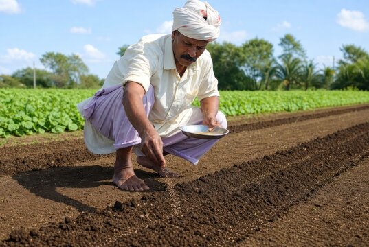 Senior farmer sowing seeds in organic vegetable field under bright sunny sky, traditional agriculture practice with bare feet and metal plate, rural lifestyle concept