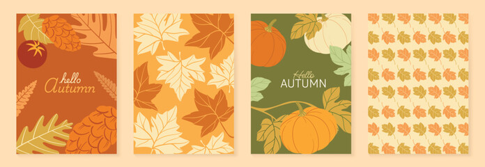 Naklejka premium Autumn poster templates vector set with falling leaves, foliage and abstract floral shapes in warm orange colors for seasonal greeting cards, Autumn pattern, banners and fall decoration