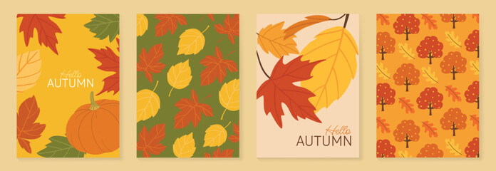 Naklejka premium Autumn poster templates vector set with falling leaves, foliage and abstract floral shapes in warm orange colors for seasonal greeting cards, Autumn pattern, banners and fall decoration