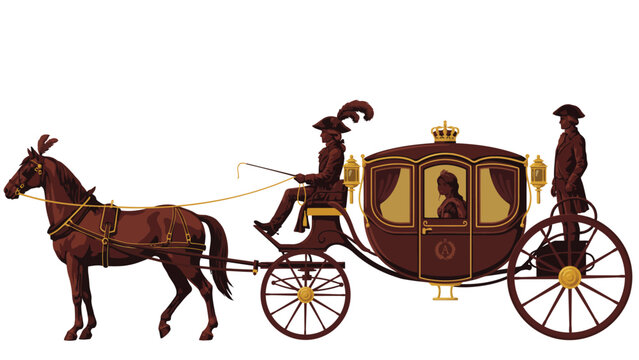 Vintage royal horse carriage with coachman and queen vector illustration