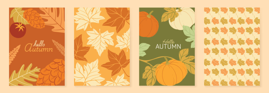 Autumn poster templates vector set with falling leaves, foliage and abstract floral shapes in warm orange colors for seasonal greeting cards, Autumn pattern, banners and fall decoration