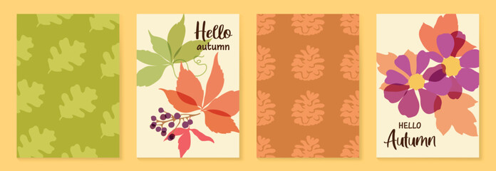 Naklejka premium Autumn poster templates vector set with falling leaves, foliage and abstract floral shapes in warm orange colors for seasonal greeting cards, Autumn pattern, banners and fall decoration