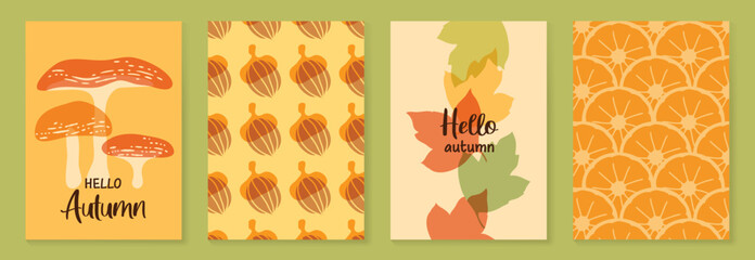Naklejka premium Autumn poster templates vector set with falling leaves, foliage and abstract floral shapes in warm orange colors for seasonal greeting cards, Autumn pattern, banners and fall decoration