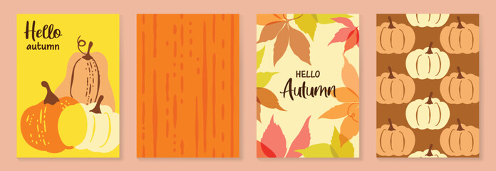 Fototapeta premium Autumn poster templates vector set with falling leaves, foliage and abstract floral shapes in warm orange colors for seasonal greeting cards, Autumn pattern, banners and fall decoration