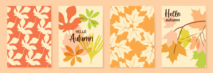 Fototapeta na wymiar Autumn poster templates vector set with falling leaves, foliage and abstract floral shapes in warm orange colors for seasonal greeting cards, Autumn pattern, banners and fall decoration