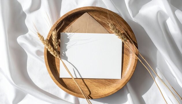 Vintage Wooden Photo Frame with Copy Space on Rustic Dining Table, Wedding Bread and White Plates in Cozy Kitchen Setting