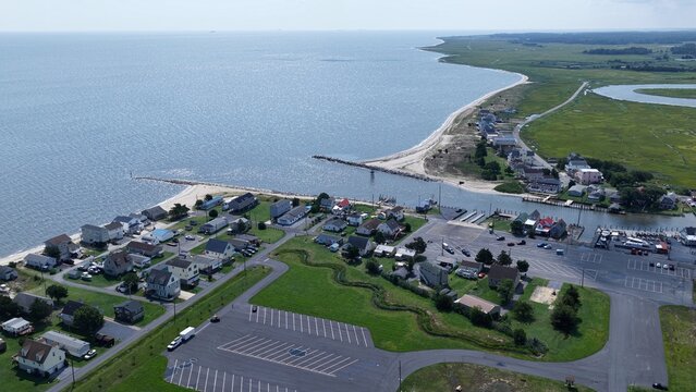 Residential Coastal Living Along Delaware coastline at Bowers Beach with tidal marshes and homes in small coastal community