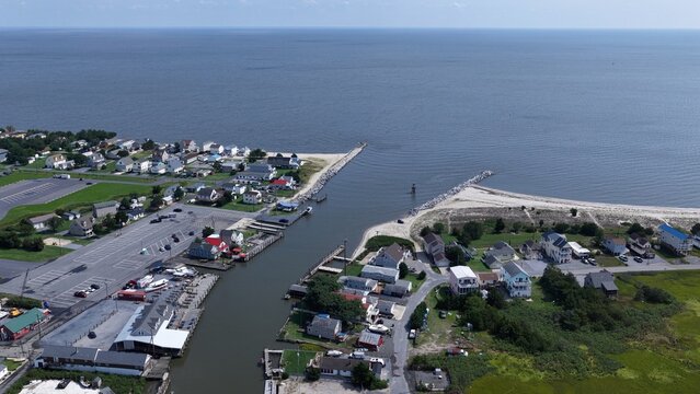 Residential Coastal Living Along Delaware coastline at Bowers Beach with tidal marshes and homes in small coastal community