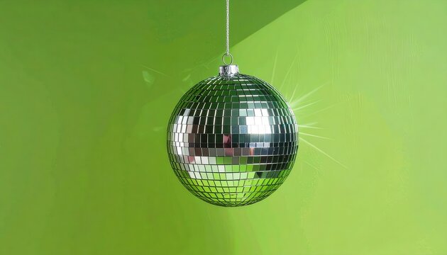 Green Disco Ball on a Vibrant Green Background with Shimmering Reflections, Retro Party Decoration for Dance, Nightclub, Music and Celebration Concept