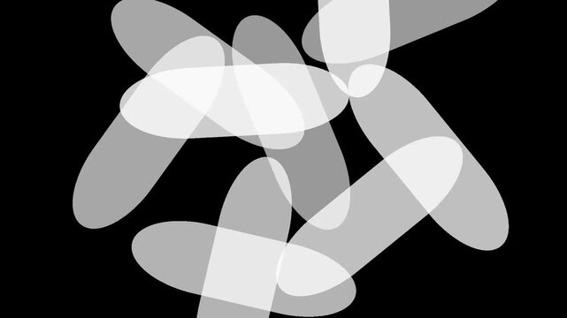 Minimalist abstract motion background featuring overlapping white elliptical shapes moving across deep black backdrop surface with floating overlapping against background continuous fluid