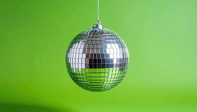 Green Disco Ball on a Vibrant Green Background with Shimmering Reflections, Retro Party Decoration for Dance, Nightclub, Music and Celebration Concept