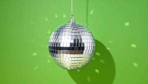 Green Disco Ball on a Vibrant Green Background with Shimmering Reflections, Retro Party Decoration for Dance, Nightclub, Music and Celebration Concept