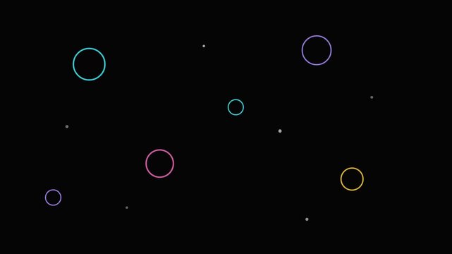 Minimalist abstract background featuring floating colorful geometric circular shapes moving across a dark deep black space with video displays minimalist shapes slowly drifting
