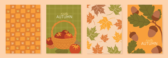 Naklejka premium Autumn poster templates vector set with falling leaves, foliage and abstract floral shapes in warm orange colors for seasonal greeting cards, Autumn pattern, banners and fall decoration