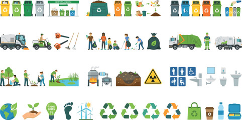 Naklejka premium Comprehensive Recycling and Waste Management Icons Collection for Environmental Sustainability and Eco Conservation