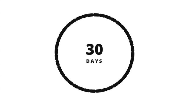 Minimalist circular progress indicators showing seven twenty seven and thirty days countdown infographics with dashed segments showing clean white background video three circular