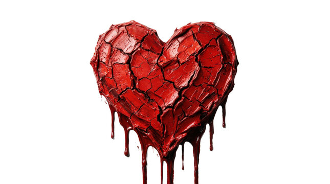 Cracked red heart shape with dripping paint isolated on transparent background