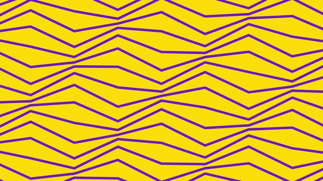 Abstract geometric pattern with purple jagged zigzag lines over a vibrant yellow background surface with background continuous seamless displays repeating geometric