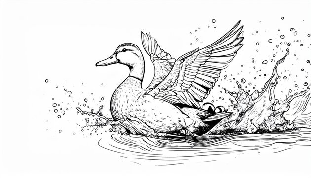 Duck and Ducklings Swimming Together on a Peaceful Lake, Cute Waterfowl Family in Nature, Wildlife Illustration with Feathers, Wings and Swimming Birds