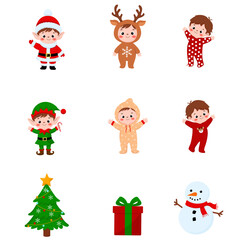 Fototapeta premium Cute Kids Children in Christmas Costumes and Holiday Elements Collection.