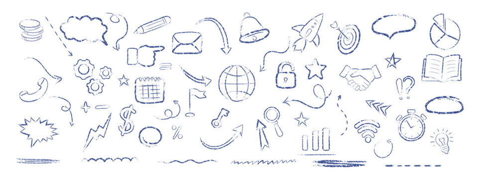 Chalk sketch business doodle collection featuring money concepts, idea lightbulbs, marketing tools and finance symbols. Hand drawn icons for creative projects.