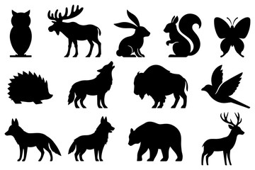 Obraz premium Forest Wildlife Animal Silhouette Collection, Woodland Animal Silhouette Bundle, North American Wildlife Icon Set, Owl, Moose, Wolf, Bear, Fox, Deer, Rabbit, Squirrel, Hedgehog