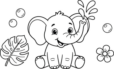 Naklejka premium Cute Coloring Page Featuring a Happy Baby Elephant Sitting and Spouting Water with Tropical Leaves and Bubbles for Kids Activity Books