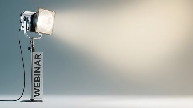 Webinar, studio light and equipment for online education, virtual event and professional broadcasting. Lamp, tripod and sign with light beam for internet marketing, e-learning and live streaming