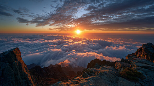 Hallasan Mountain summit above a sea of clouds, alpine landscape, colorful sunrise, ultra photorealistic, cinematic atmosphere, HDR, 8K, no people