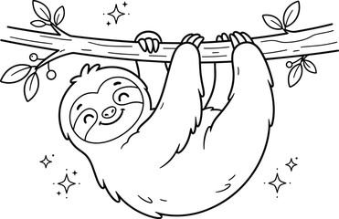 Naklejka premium Cute Coloring Page Featuring a Happy Cartoon Sloth Hanging on a Tree Branch with Leaves and Stars for Kids Activity Books